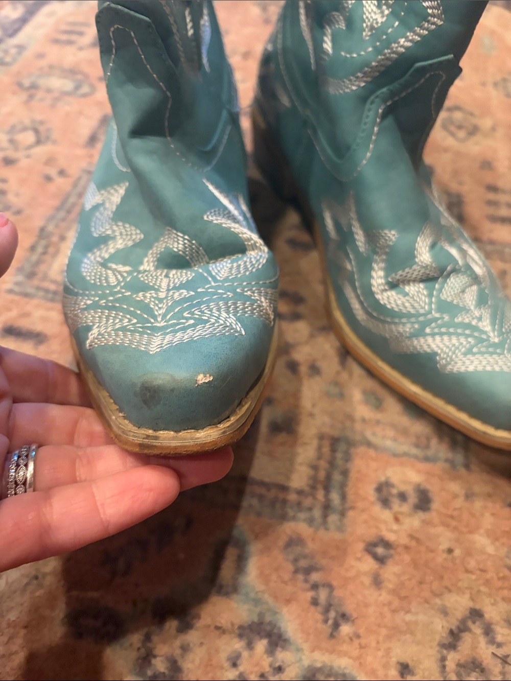 Teal Western Cowboy Boots with white Stitching - Picture 7 of 9